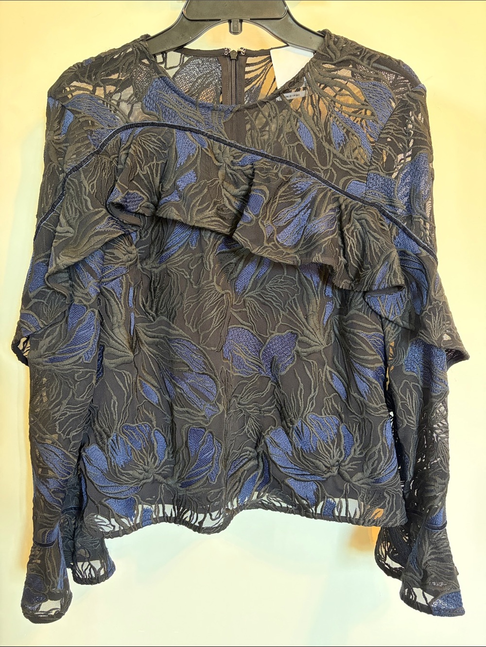 Prose & Poetry Embroidered Mesh Ruffle Sleeve Top Small Black Blue